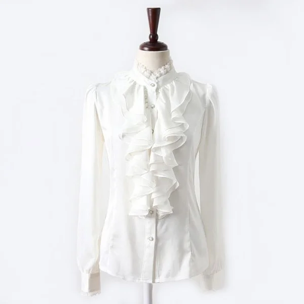 Womens Satin Silk-like Long Sleeve Office Slim Shirt Frill Drape Ruffle Trim Stand Collar Blouse Top