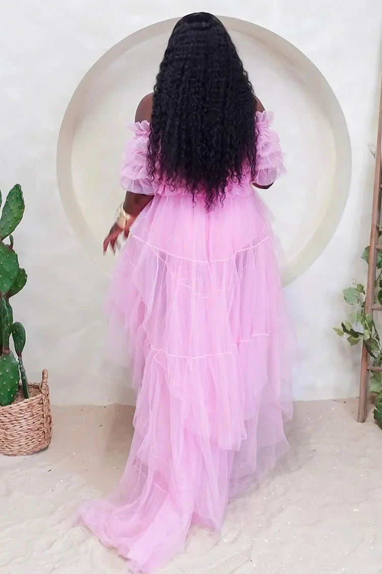 Ruffle Off Shoulder Tulle Hem Party Maxi Mullet Dresses-Pink [Pre Order]