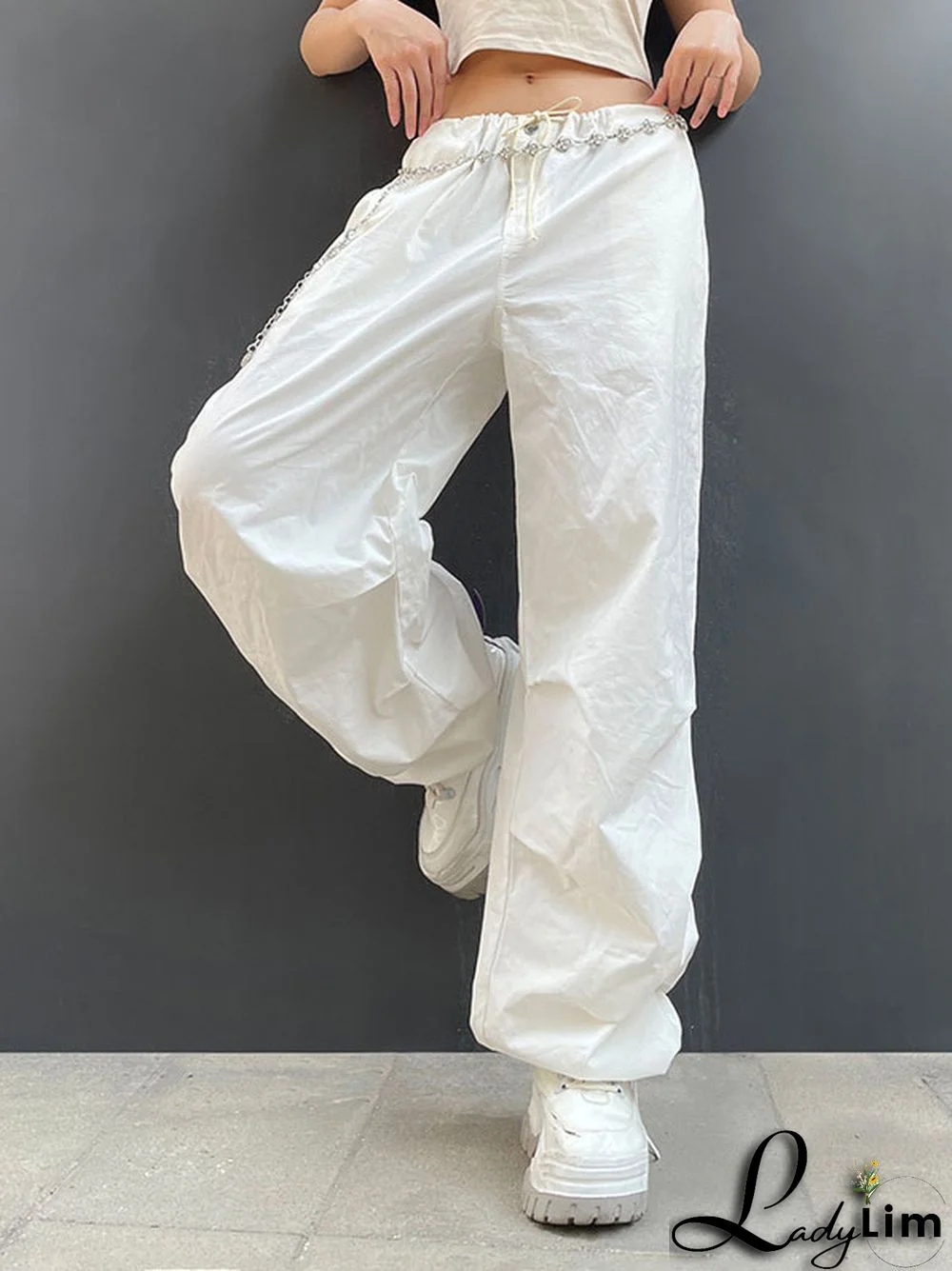 Loose Wide Leg Drawstring Pockets Solid Color Split-Joint Pants Trousers