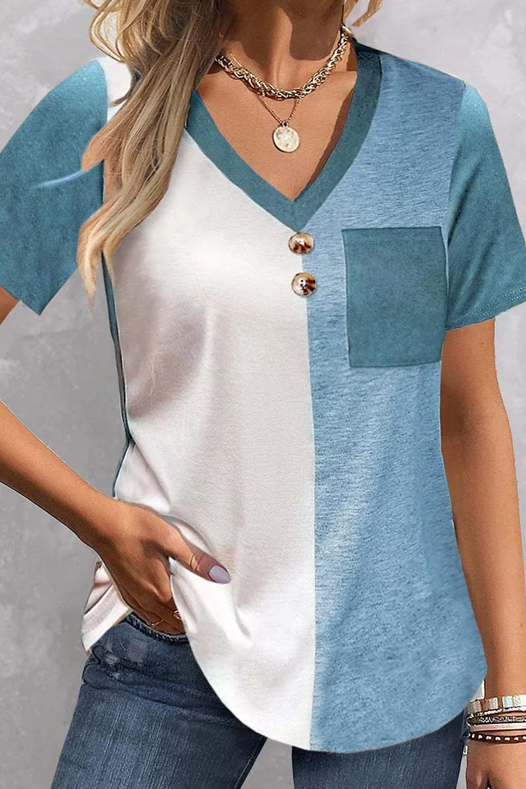 Colorblock Patch Pocket Button Front T-Shirt