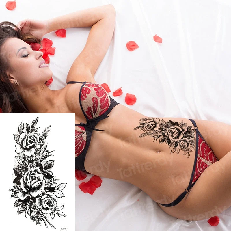 temporary fashion tattoos rose flower leaves sexy girl model tattoos for women temporary tattoo sticker roses body art tatoo