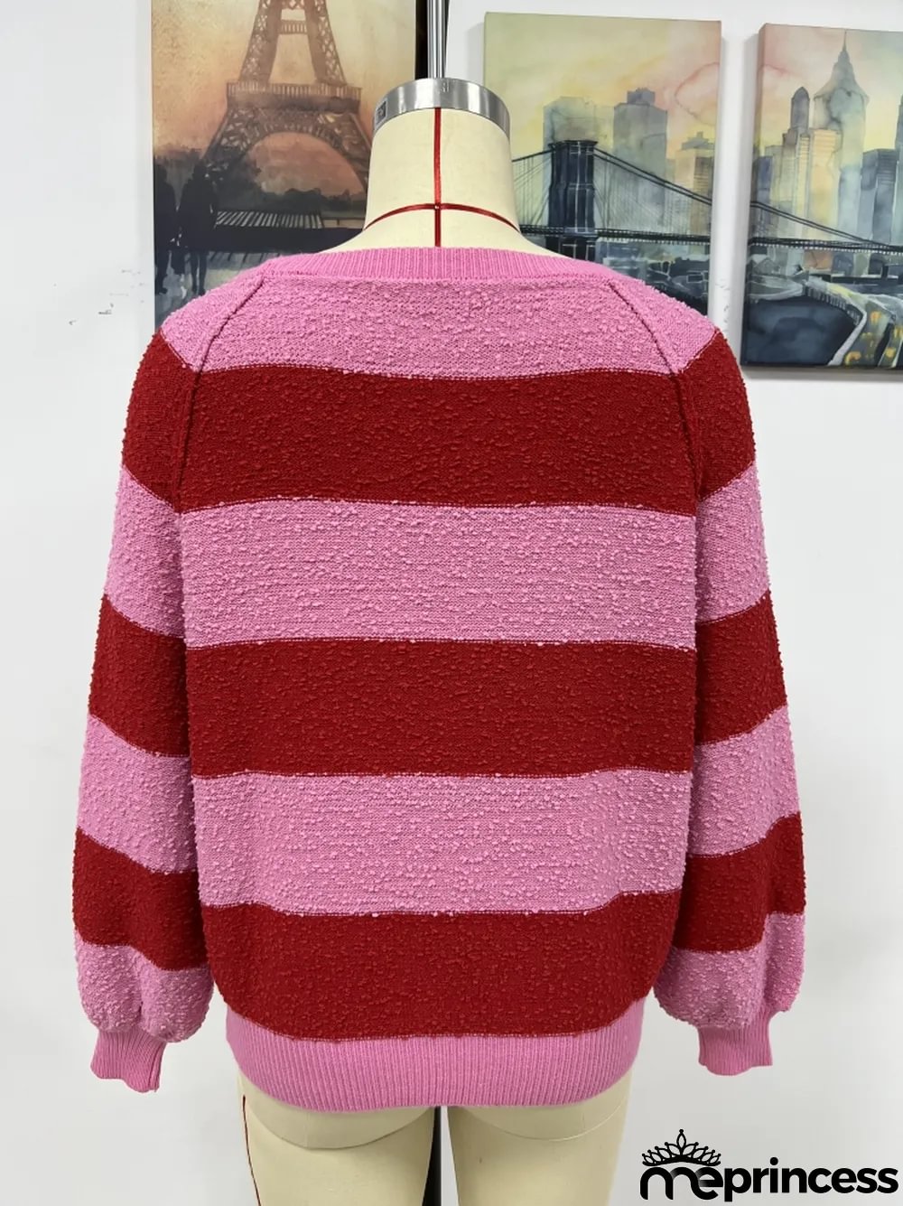 Winter women's Patchwork striped knitting shirt pullover loose sweater women