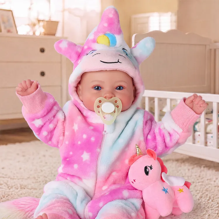Babeside Lyle 17&ldquo; Vinyl Reborn Baby Doll in Pastel Unicorn Plush Hoodie Outfit