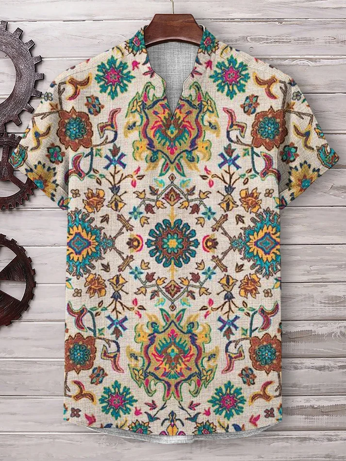 Men's Vintage Indian Traditional Pattern Linen Blend V Neck T-Shirt