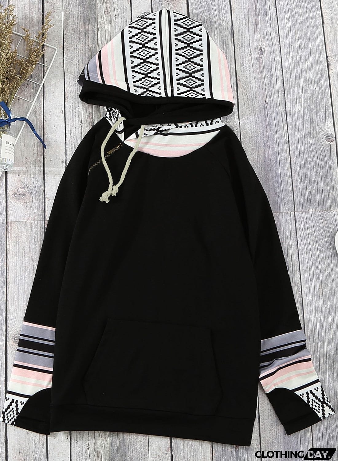 Plaid Double Hoods Thumb Hole Hoodie