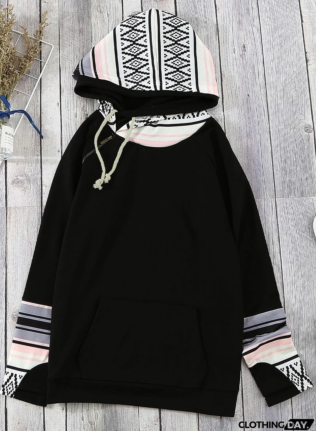 Plaid Double Hoods Thumb Hole Hoodie