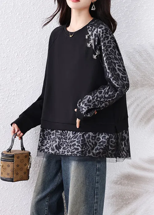 Chic Black Leopard Tulle Patchwork Cotton T Shirts Fall