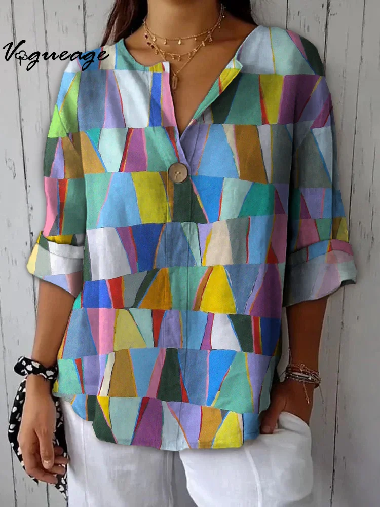 Contrast Geometric Print Women Cotton And Linen Shirt
