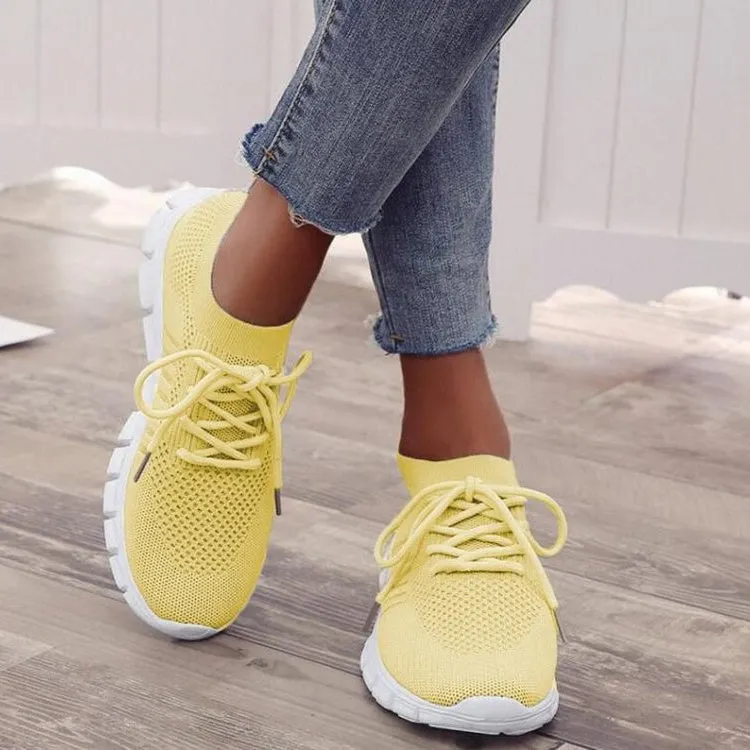Women's Solid Color Shoelaces Round Toe Flat Heel Casual Sneakers