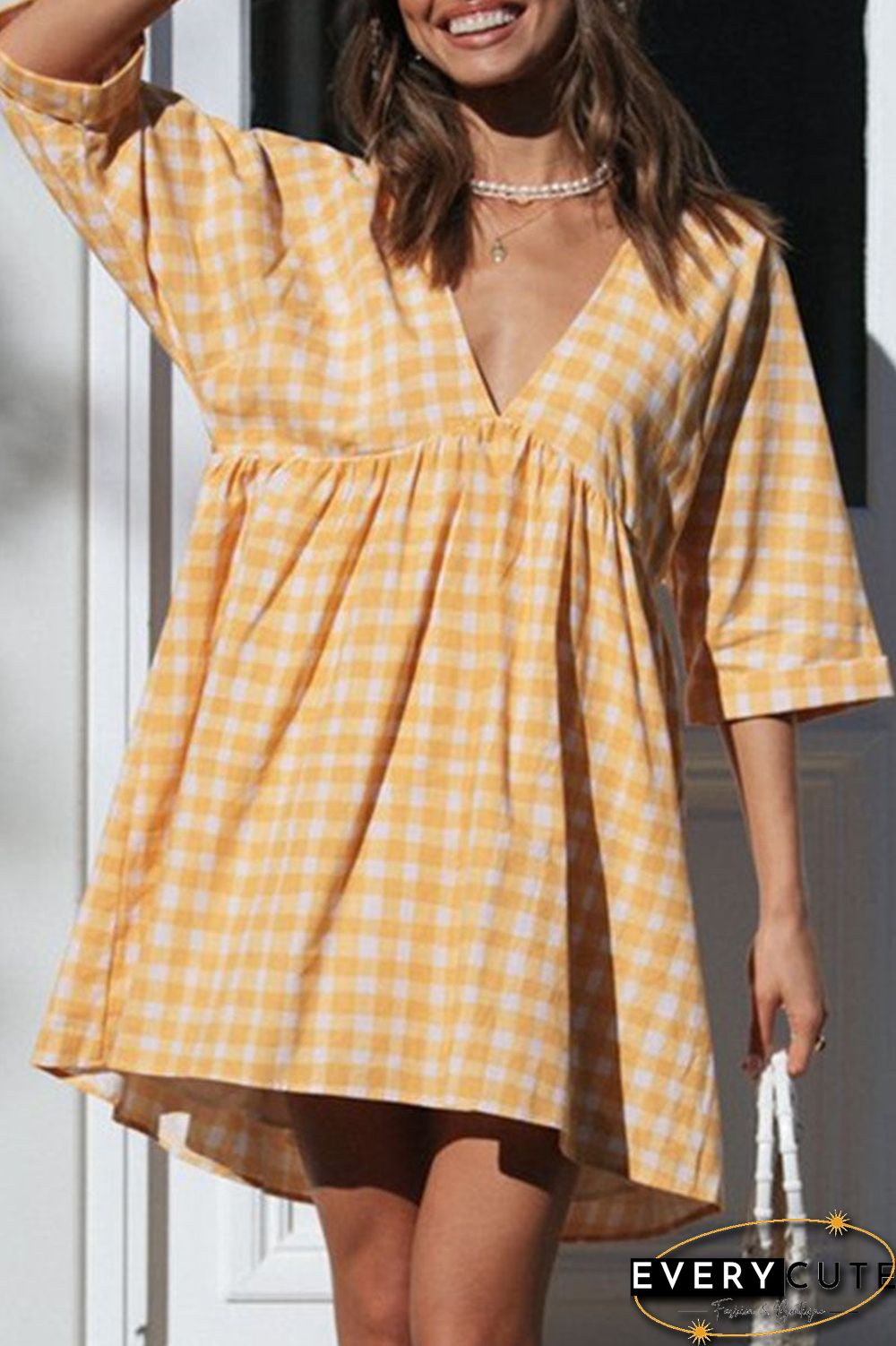 Fashion Casual Plaid Split Joint V Neck Princess Dresses