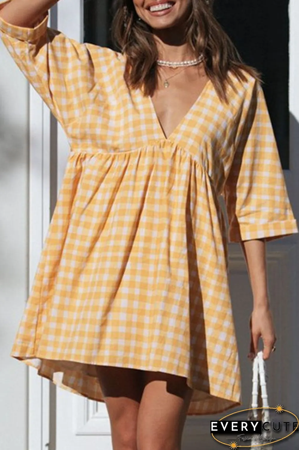 Fashion Casual Plaid Split Joint V Neck Princess Dresses