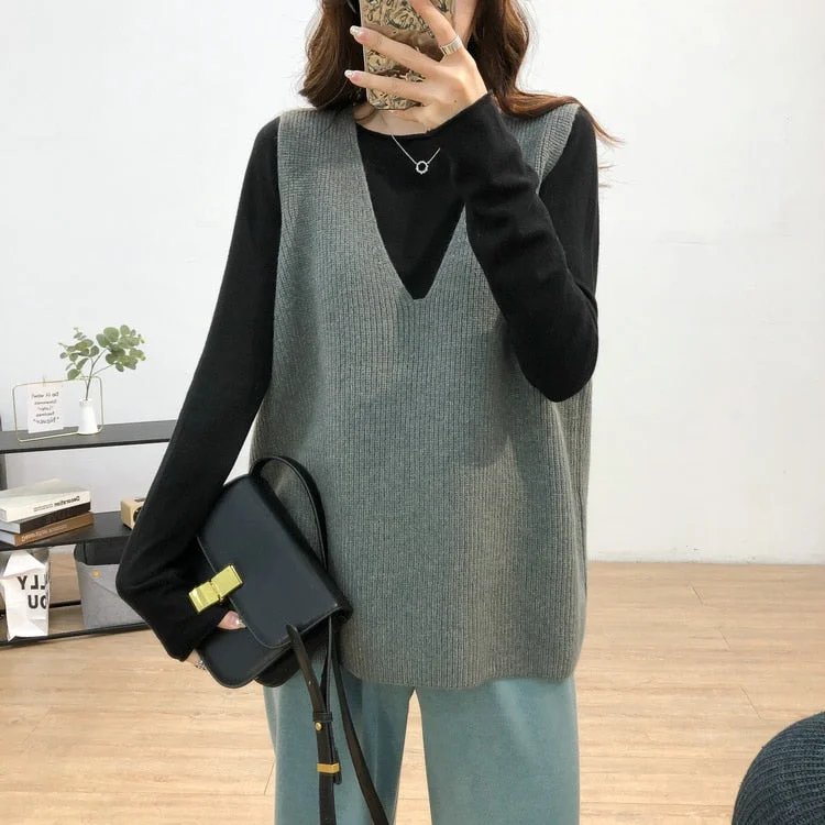 Sleeveless Knitted Sweater Vest Women Autumn Winter 2021 Loose Cashmere Pullover Women Sweaters Vintage V-neck Jumper Vest 16798
