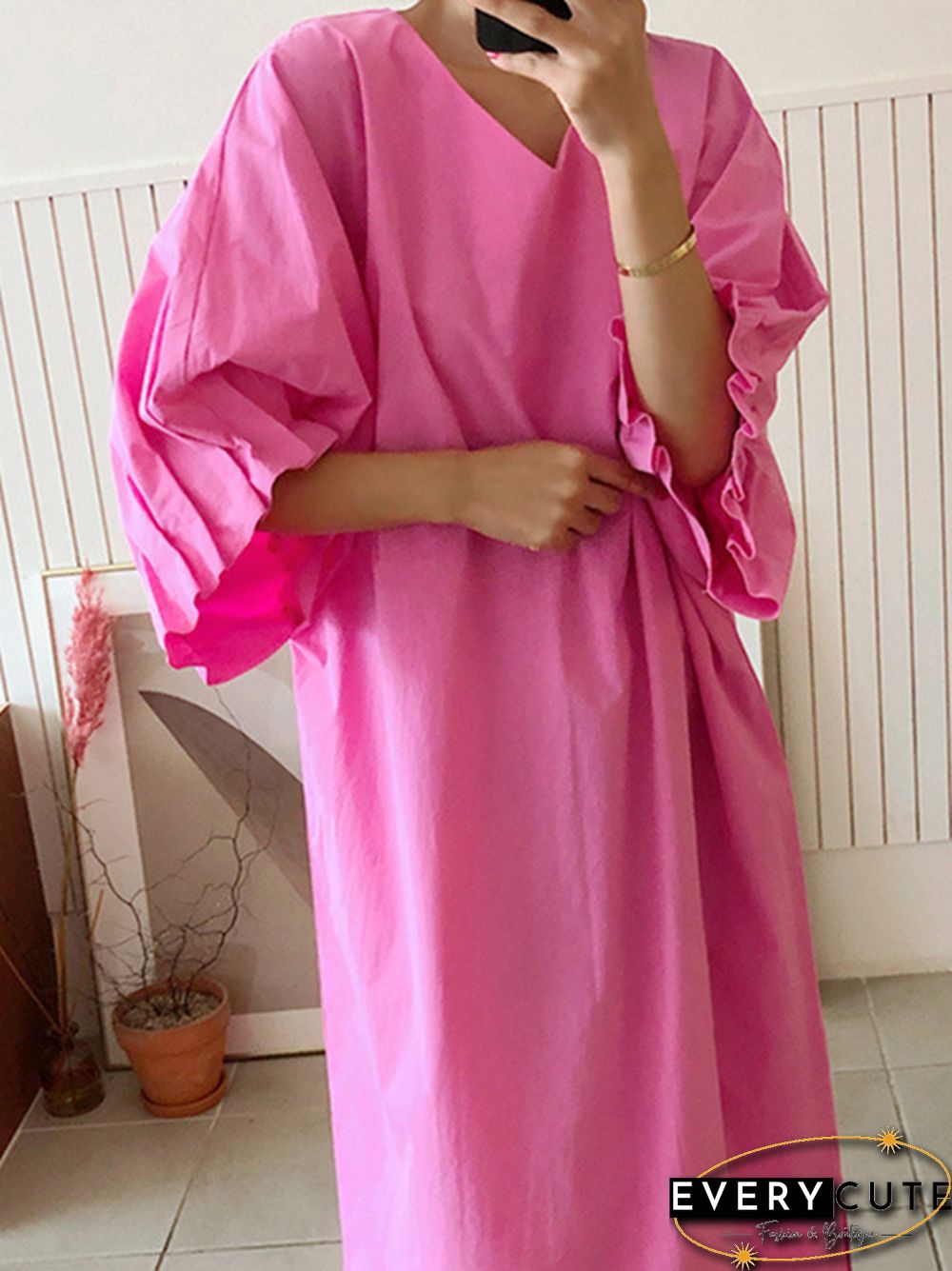 Causal Plus Size Pleated Raglan Sleeve V-Neck Midi Dress