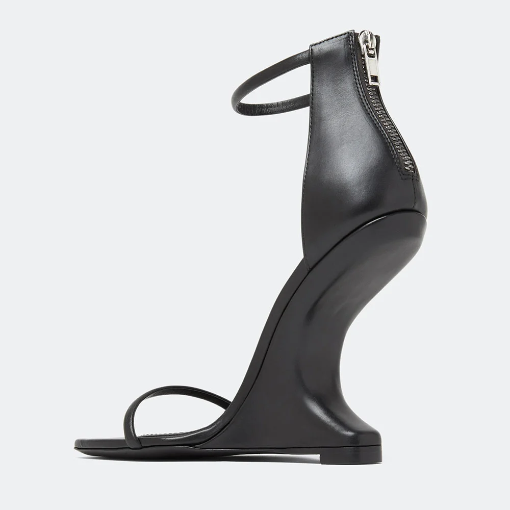 Black Square Toe Ankle Strap Buckle Wedge Sandals for Women