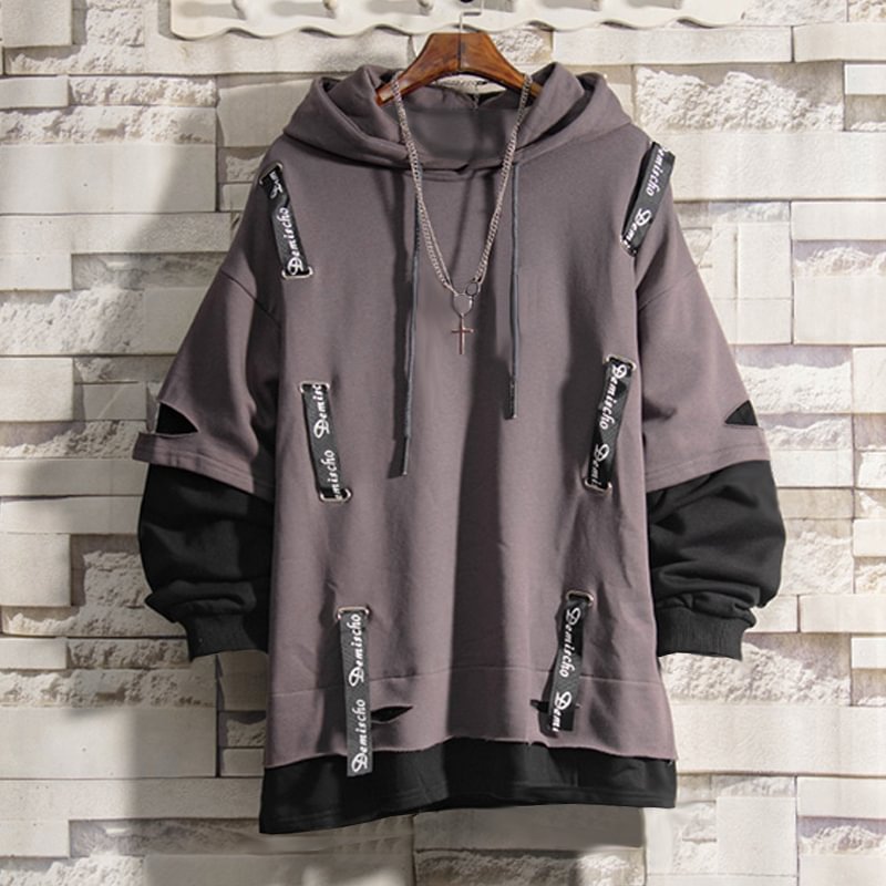 Hip Hop Patchwork With Torn Webbing Fake Two Hoodies