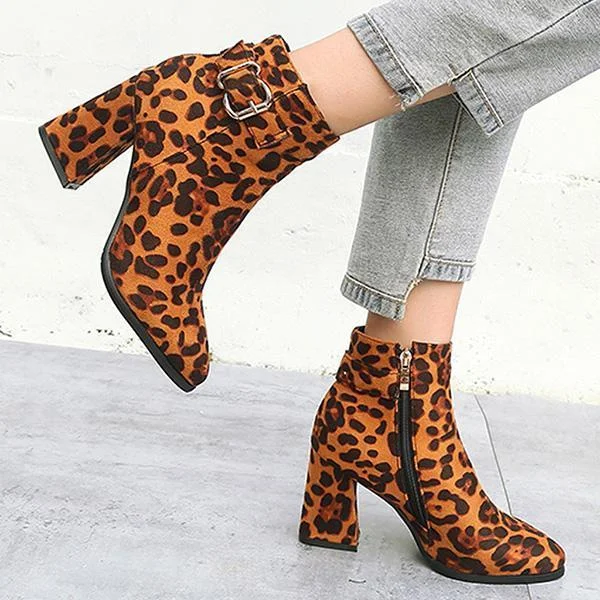 Square Heels Zipper Leopard Print Pointed Toe Short Boots