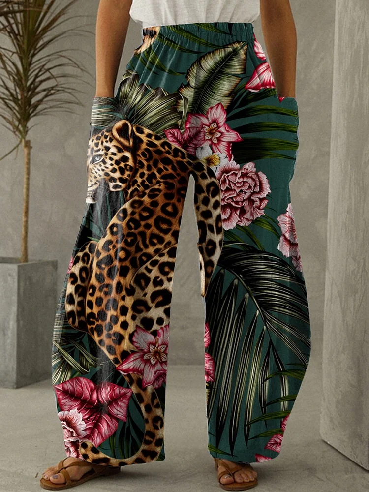 Women's Cheetah Animal Flower Art Painting Elastic Waist Wide Leg Pants Long Pants Casual Pants socialshop
