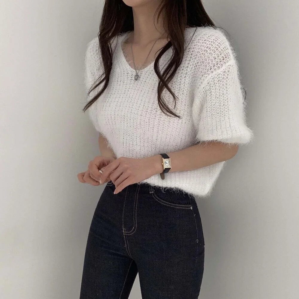 Jangj Alien Kitty Hollow Out Sweet Chic Jumpers Tees Puff Sleeve Summer All Match Streetwear Casual Office Lady Solid Loose Knitted