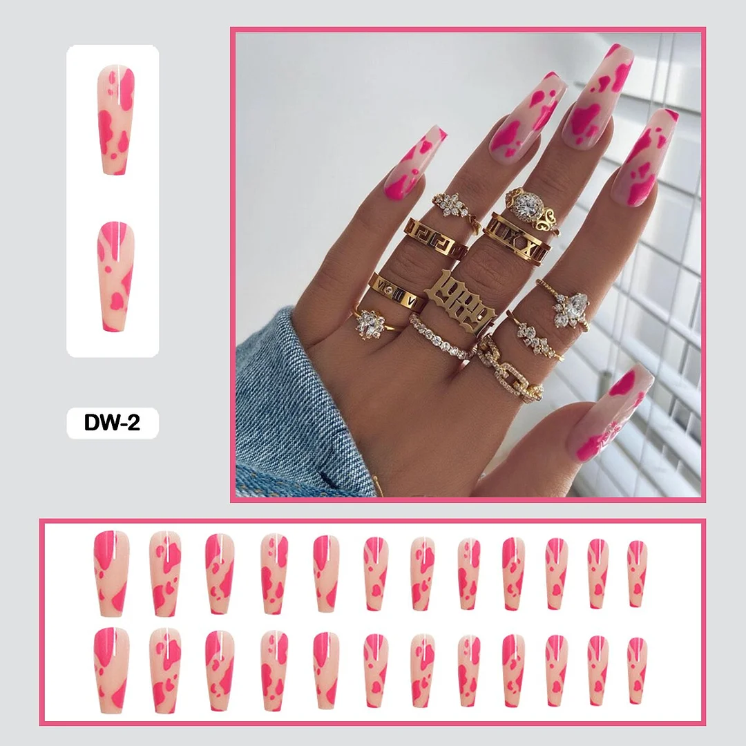 24Pcs Personality Painted Animal Pattern Cow Pattern Leopard Printed Wearable False Nails Fake Nails With Glue And Wearing Tools-Nail Inspo