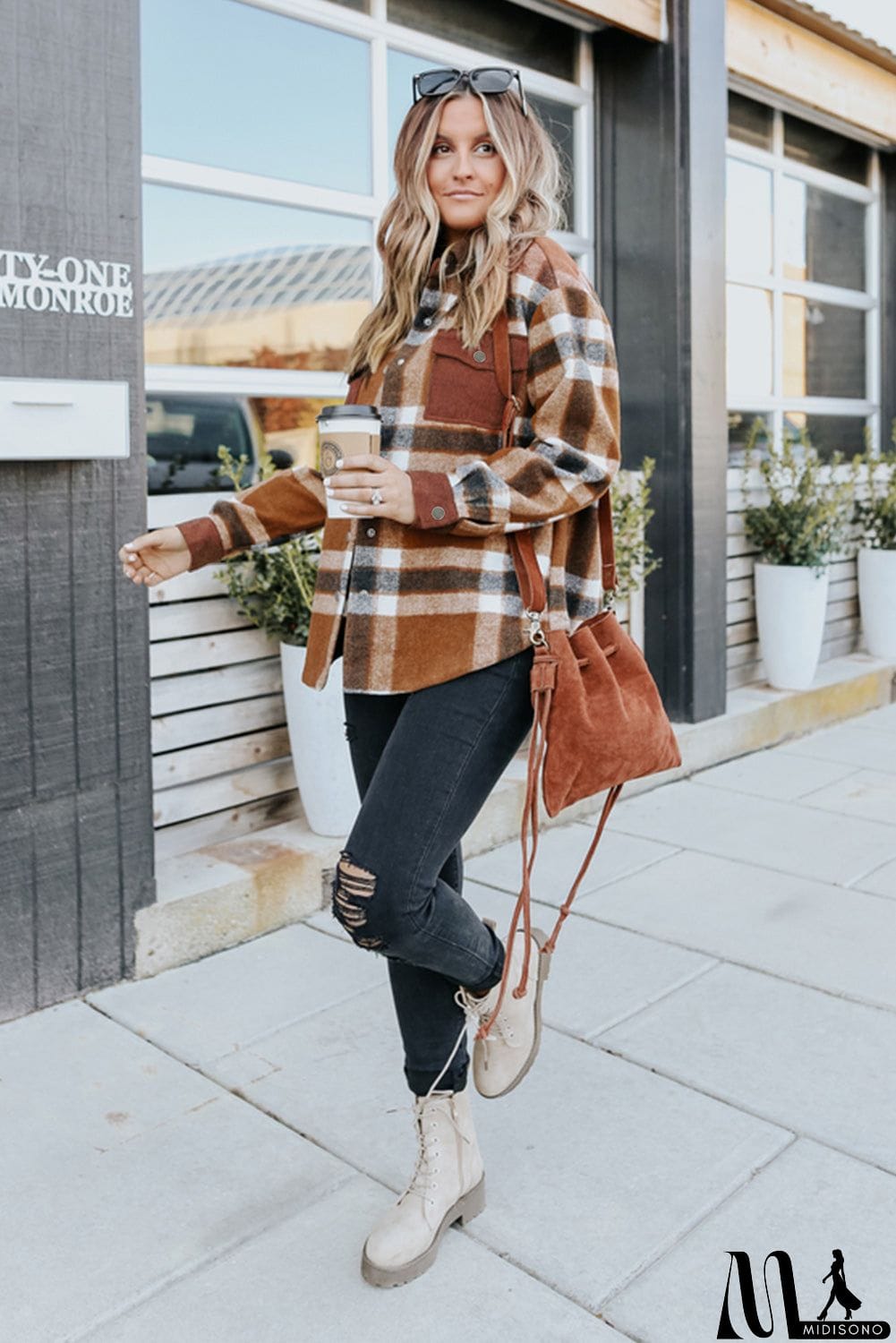 MidiSono - Pocketed Buttoned Plaid Shirt Jacket