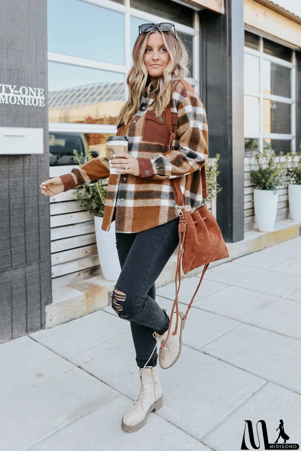 MidiSono - Pocketed Buttoned Plaid Shirt Jacket