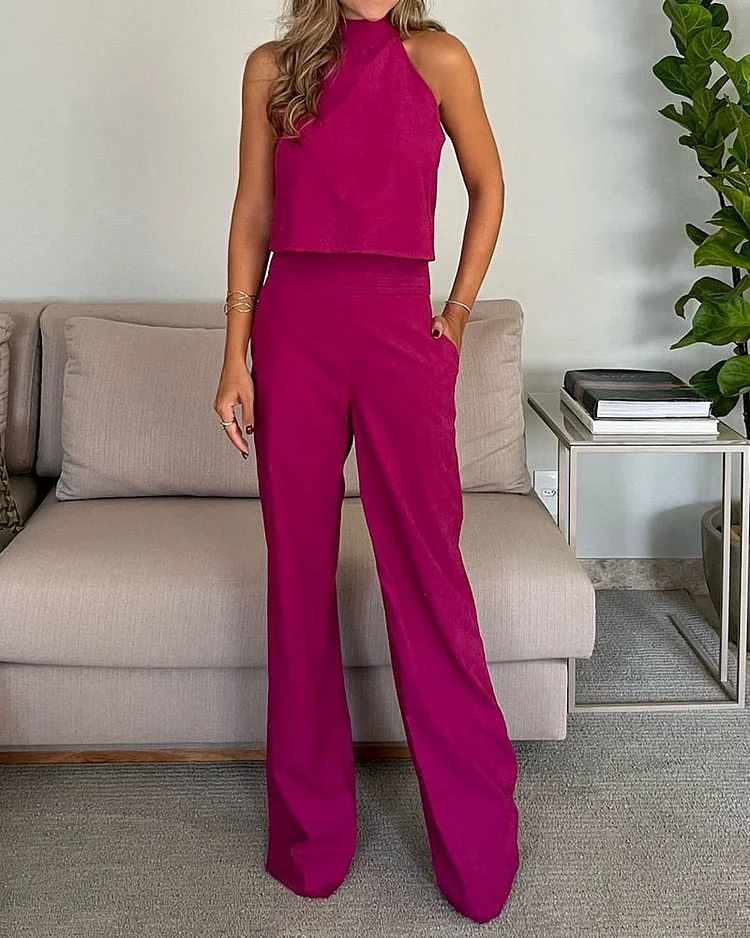 Casual Solid Color Vest & Pants Two-piece Set