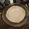10 Pack | 10" Round Plastic Dinner Plates in Vintage Taupe, Gold Leaf Embossed Baroque Disposable Plates