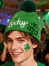 St Patricks Day Hat Sequins Lucky Pom Beanie Hats Green Knit Winter Hat for Irish-Themed Events