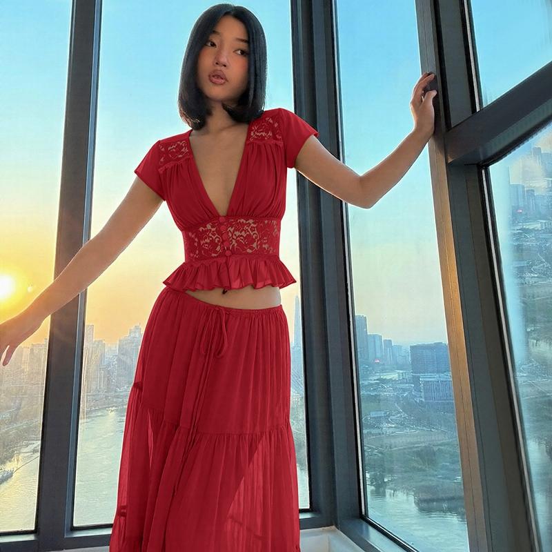 Women Summer Short Sleeve V Neck Tops Long Skirt Beach Vacation Chiffon Two Piece Set Outfit Women Summer Short Sleeve V Neck Tops Long Skirt Beach Vacation Chiffon Two Piece Set Outfit