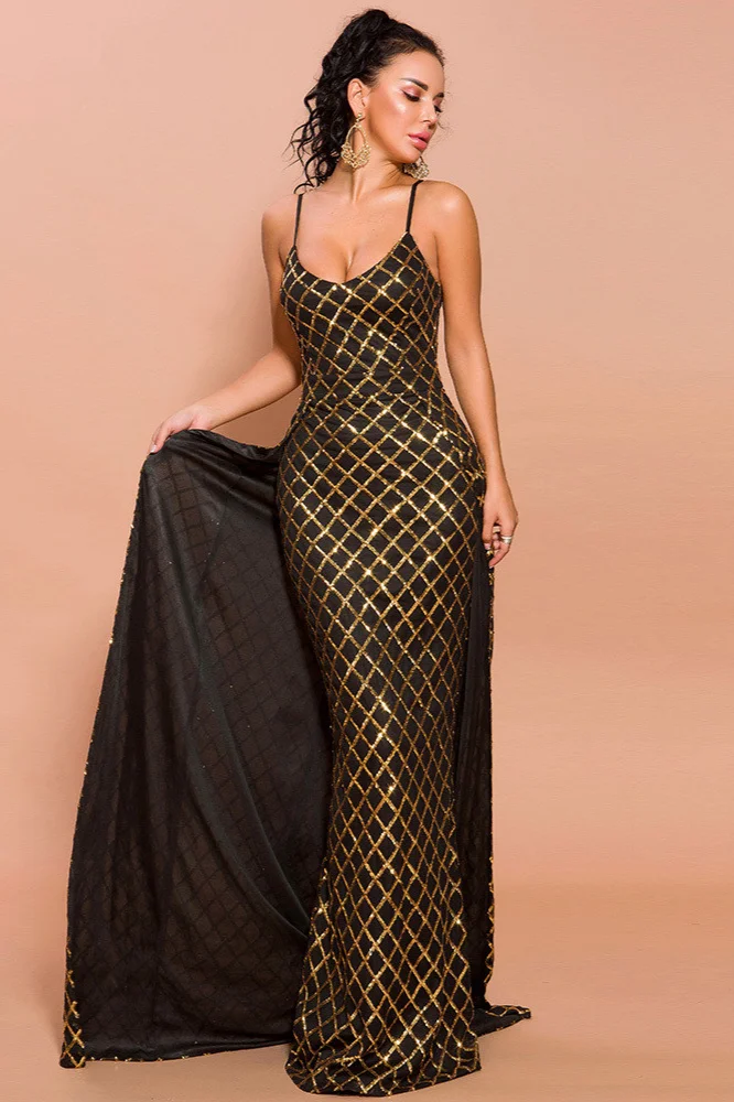 Glamorous Spaghetti-Straps Gold Prom Dress Long Evening Gowns With Overskirt - lulusllly