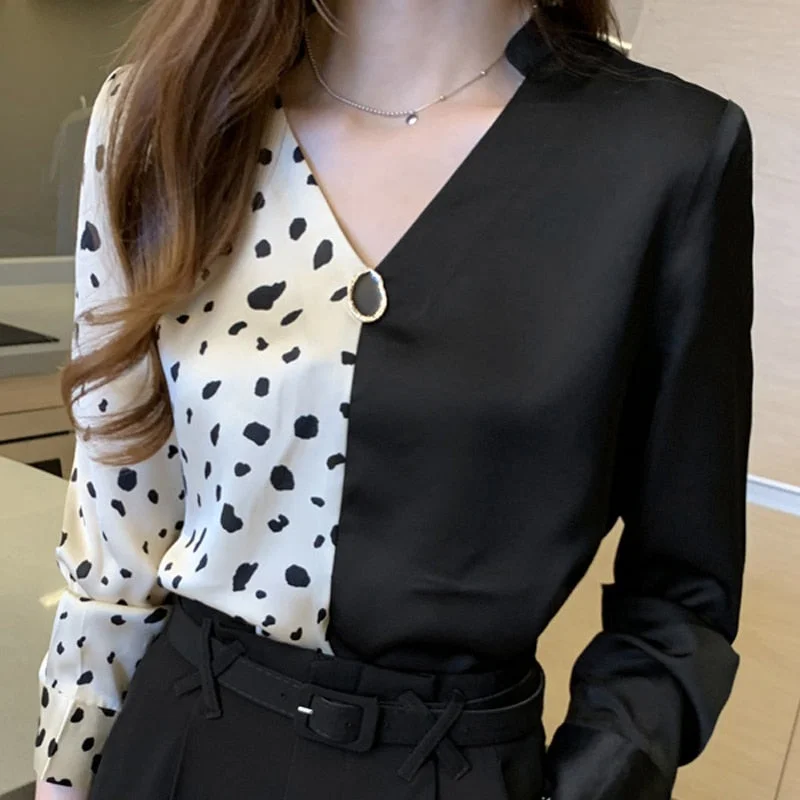 Autumn Women V-Neck Print Chiffon Blouse Shirt Women Tops Long Sleeve Blouse Women Blusas Mujer De Moda 2021 Blouses Femme F163