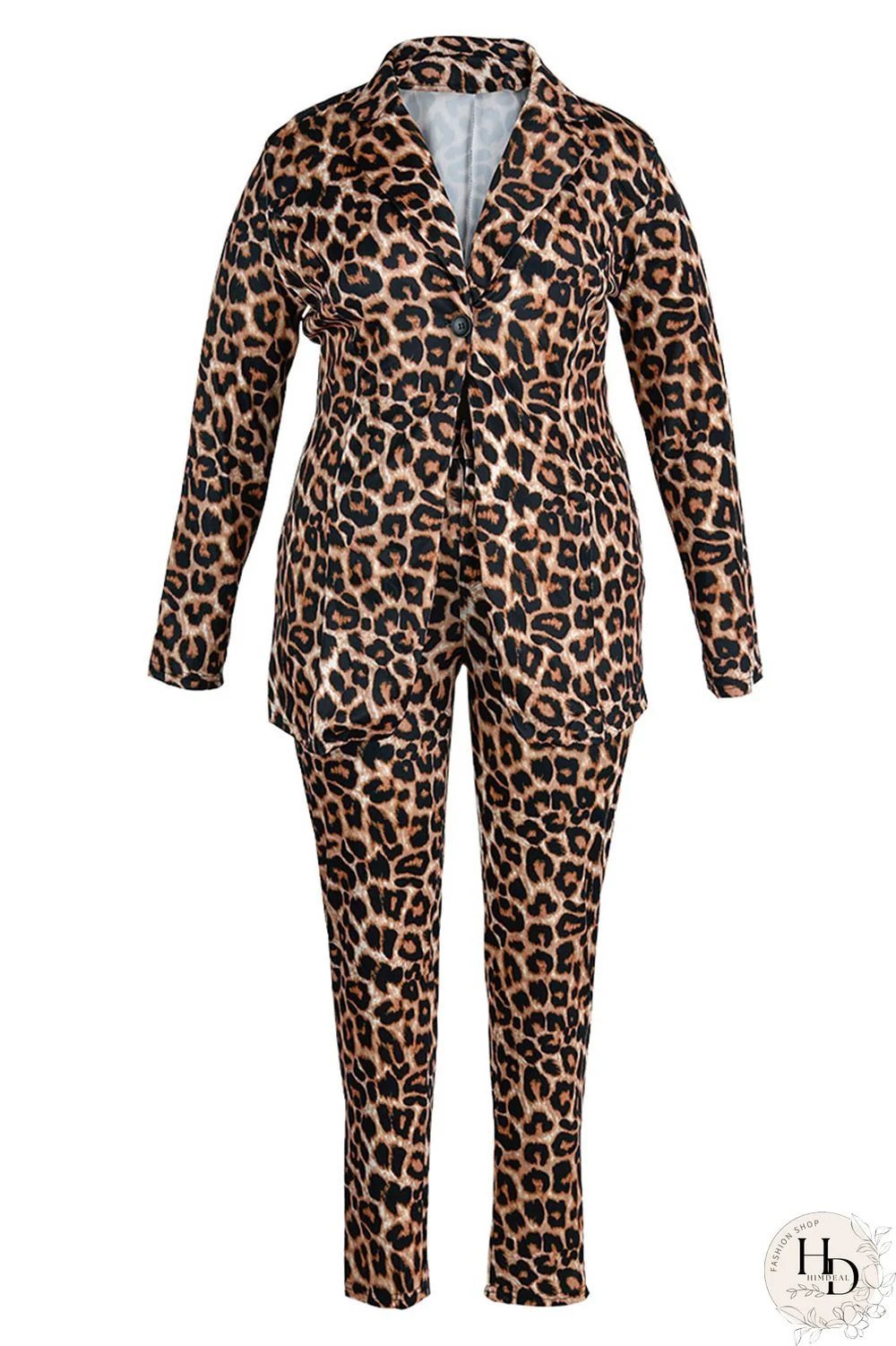 Turquoise Fashion Casual Print Cardigan Pants Turndown Collar Plus Size Two Pieces