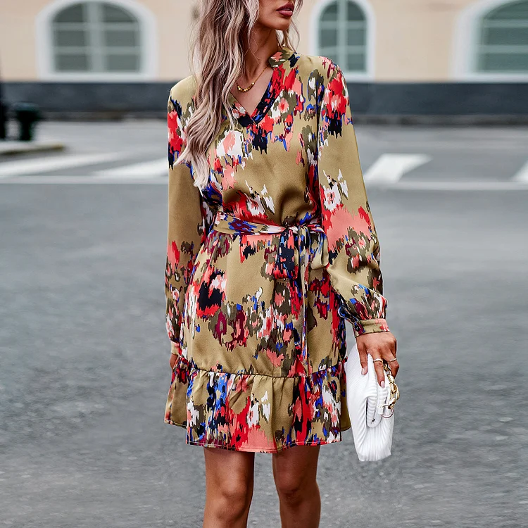 Elegant Floral Long Sleeve Mini Dress - yankia
