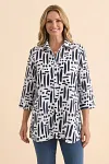 Wholesale Women's Tunic, Printed Linen Shirt, SS2027 Fashion Vendor, Mature Women's Office Wear, Abstract Print Blouse