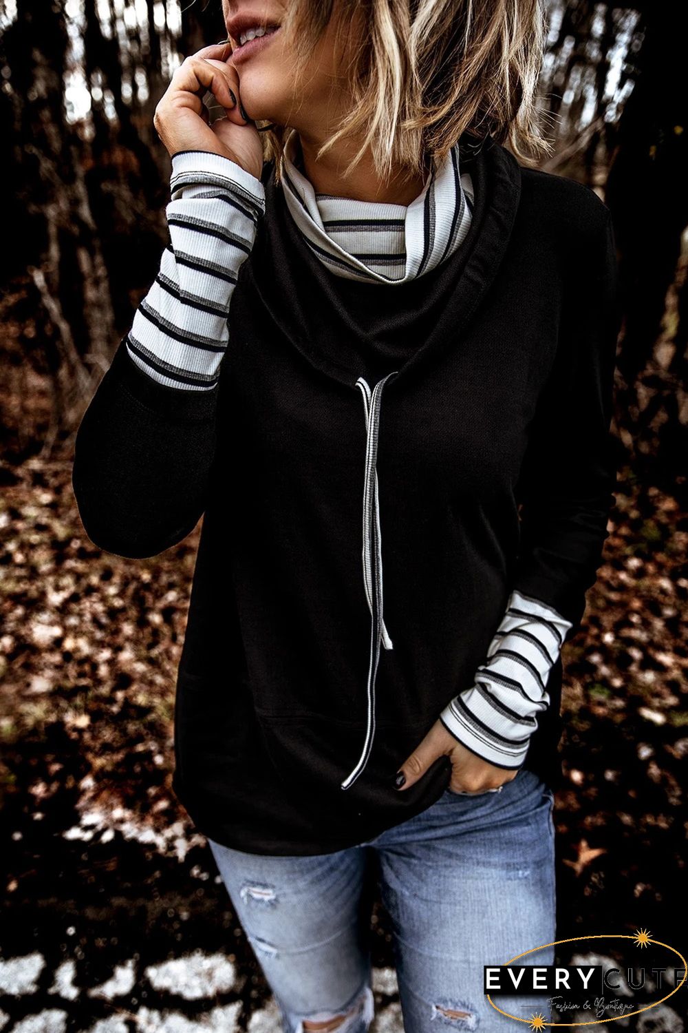 Striped Splicing High Neck Sweatshirt