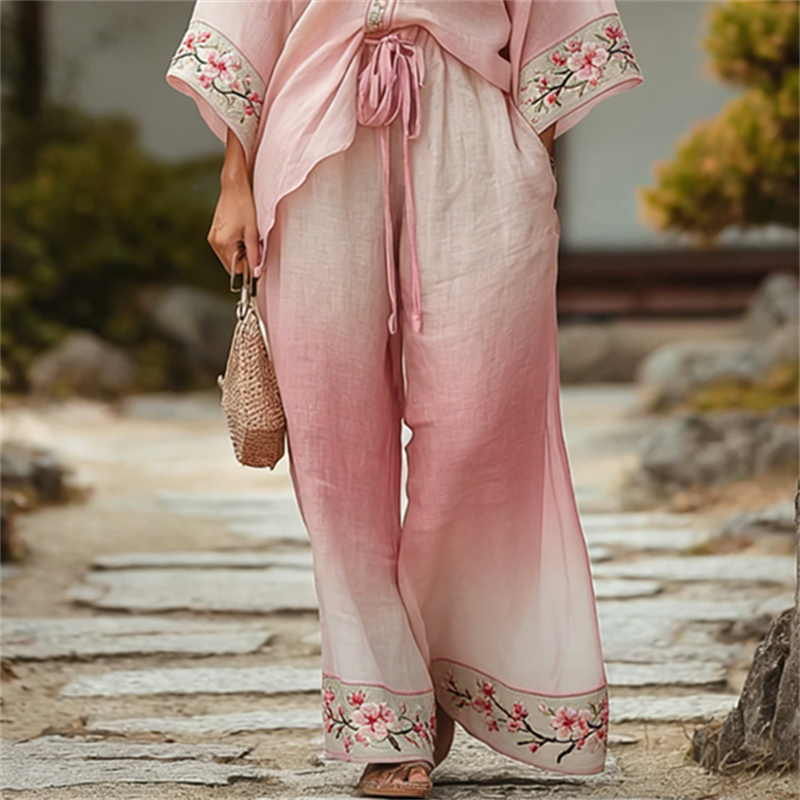 Cherry Blossom Japanese Art Gradient Kimono & Pants Linen Set wearshes