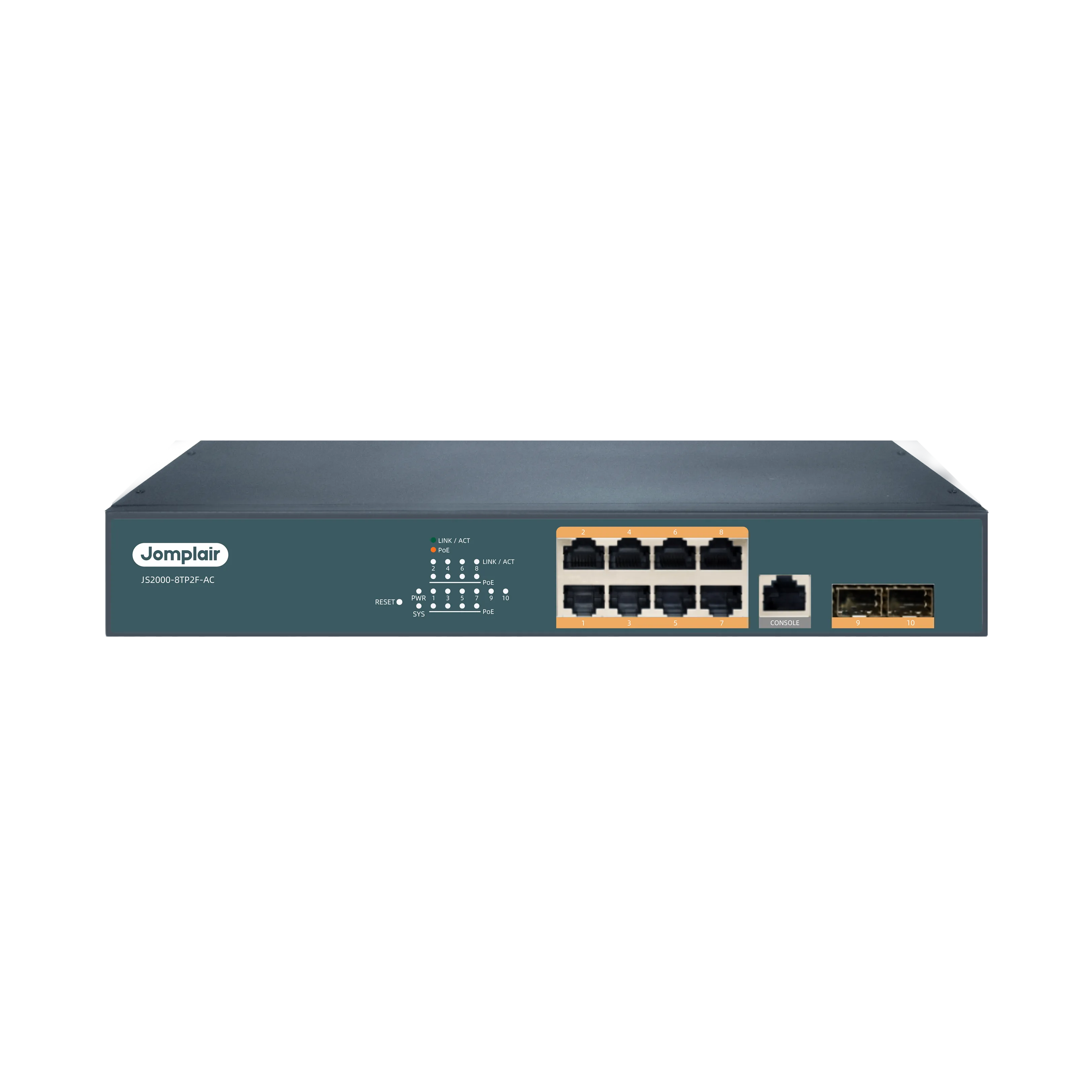 JS2000-8TP2F-AC, 8 x 1Gb RJ45, 2 x 1Gb SFP, L2+ Managed PoE+ Switch