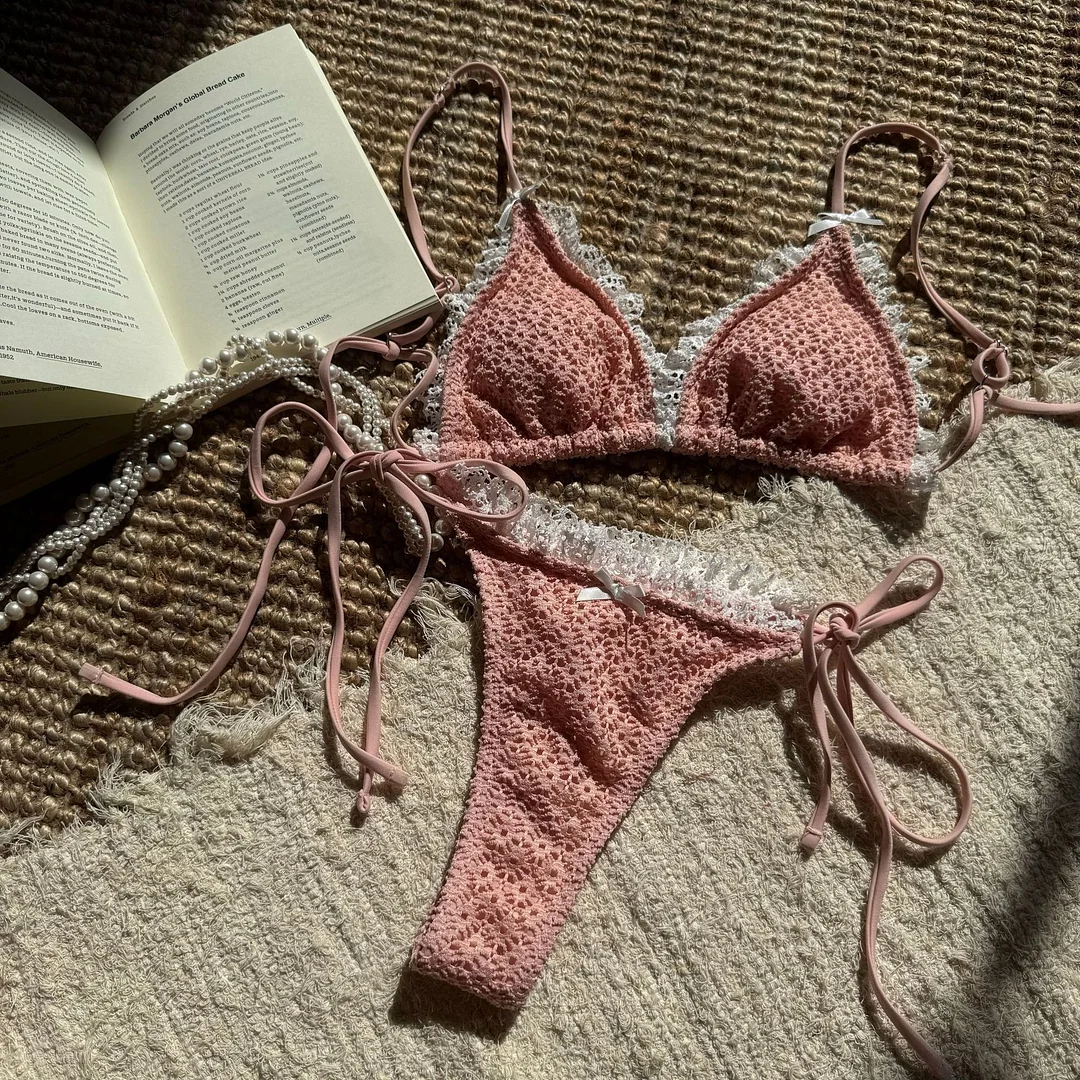 Uveng 2025 Bumpy Bow Lace With Sexy Dew Parted Swimsuit Bikini