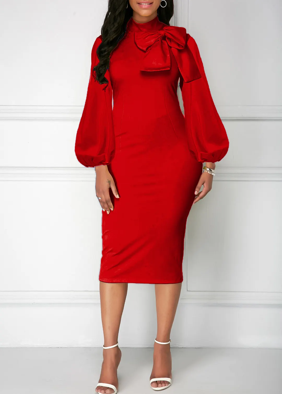 Bowknot Neck Lantern Sleeve Sheath Dress