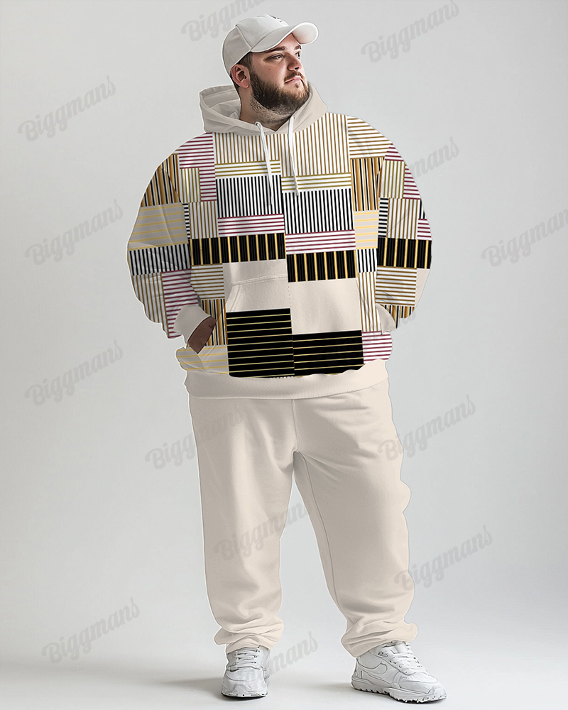 Men's Daily Casual Apricot Geometric Stripe Print Plus Size Hoodie Suit