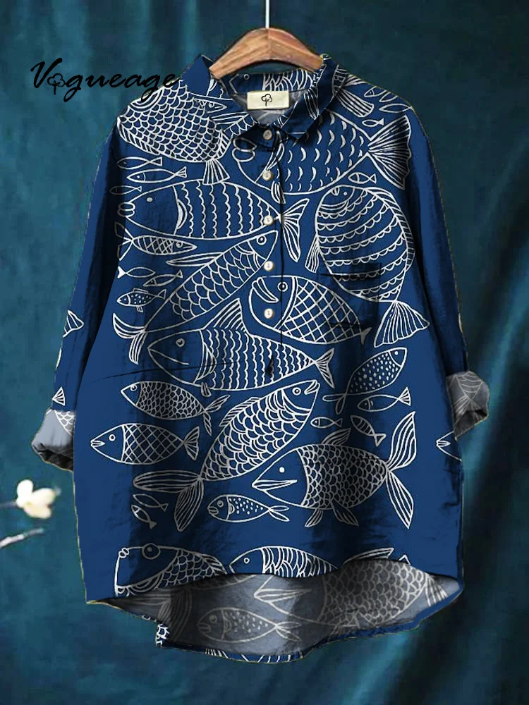 Simple Lines Fish Printed Cotton And Linen Shirt