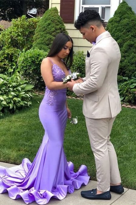 Purple Spaghetti Straps Appliques Prom Dress Mermaid With Slit Beads | Ballbellas Ballbellas