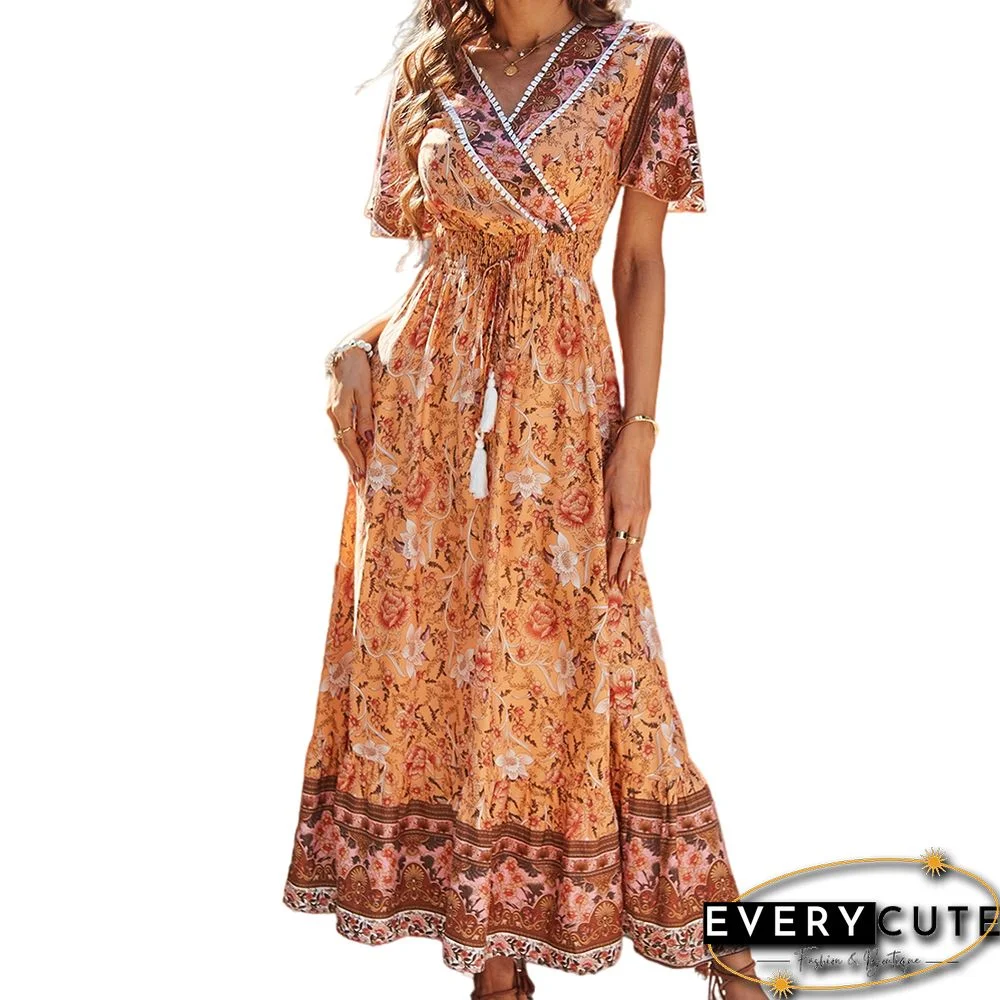 Orange Holiday Casual Bohemia Long Dress