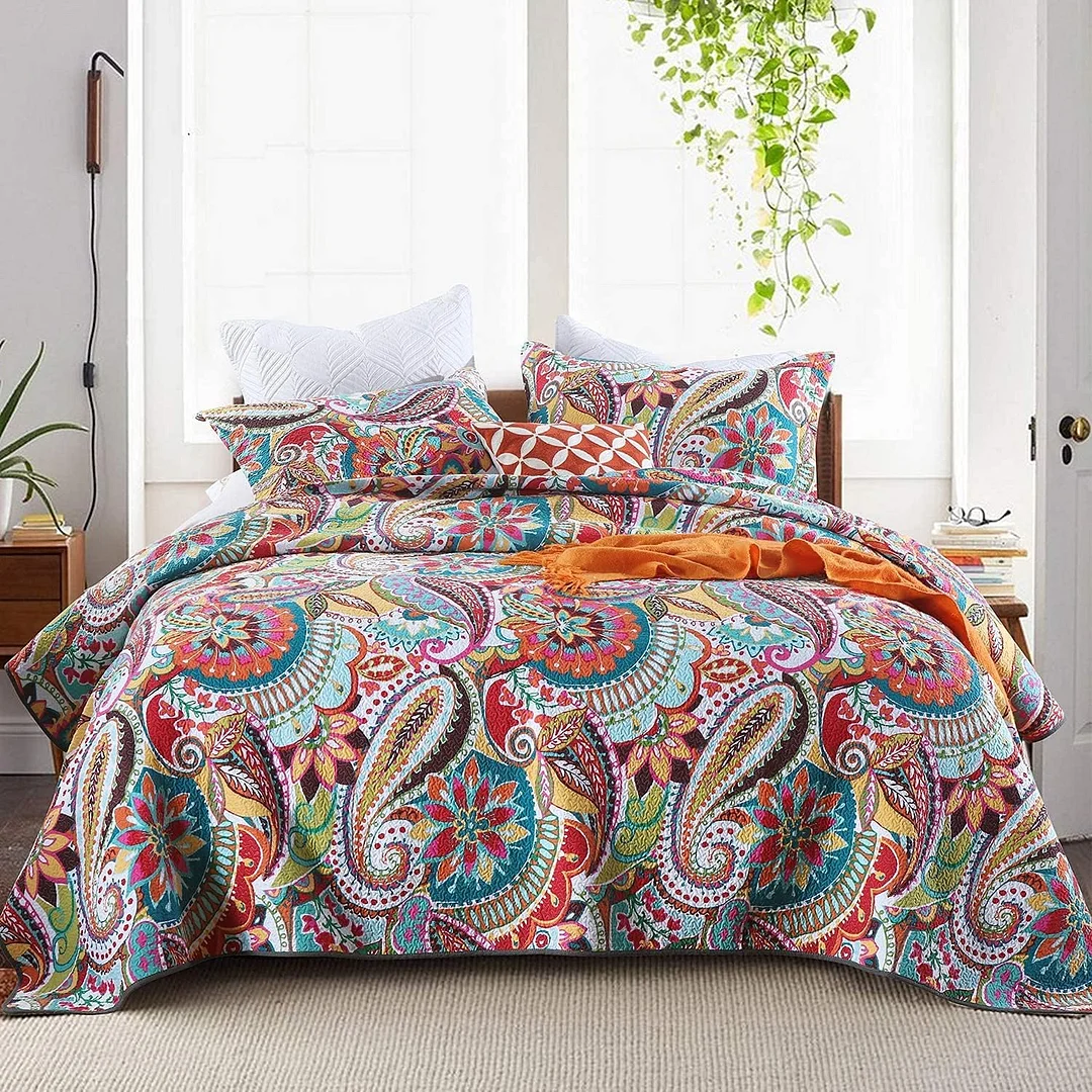 Qucover King Quilt Bedding Set, Gorgeous Paisley Pattern Bedspreads King Size, Colorful Red, Orange and Blue, Soft Cotton Lightweight Boho Quilt King, with Pillow Shams, All Seasons