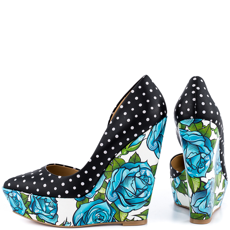 Black & White Polka Dots Wedge Heels Floral Print Platform Pumps |FSJ Shoes