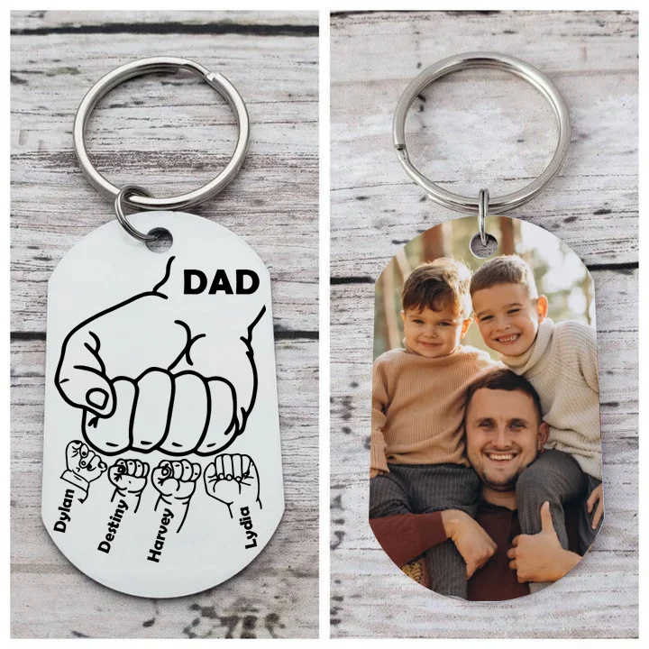 Dad Fist Bump Personalized Photo Keychain Engrave 4 Names Father's Day Gifts