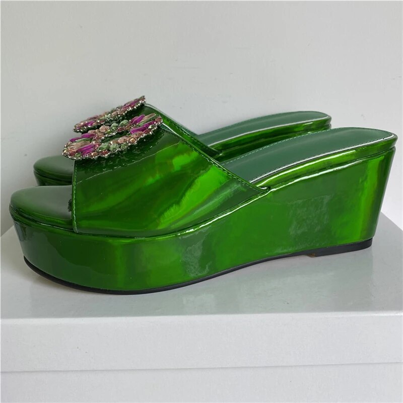 Colorful Rhinestone Embellished Buckle Sandals Women High Platform Wedges Slingbacks Open Toe Slim Mules