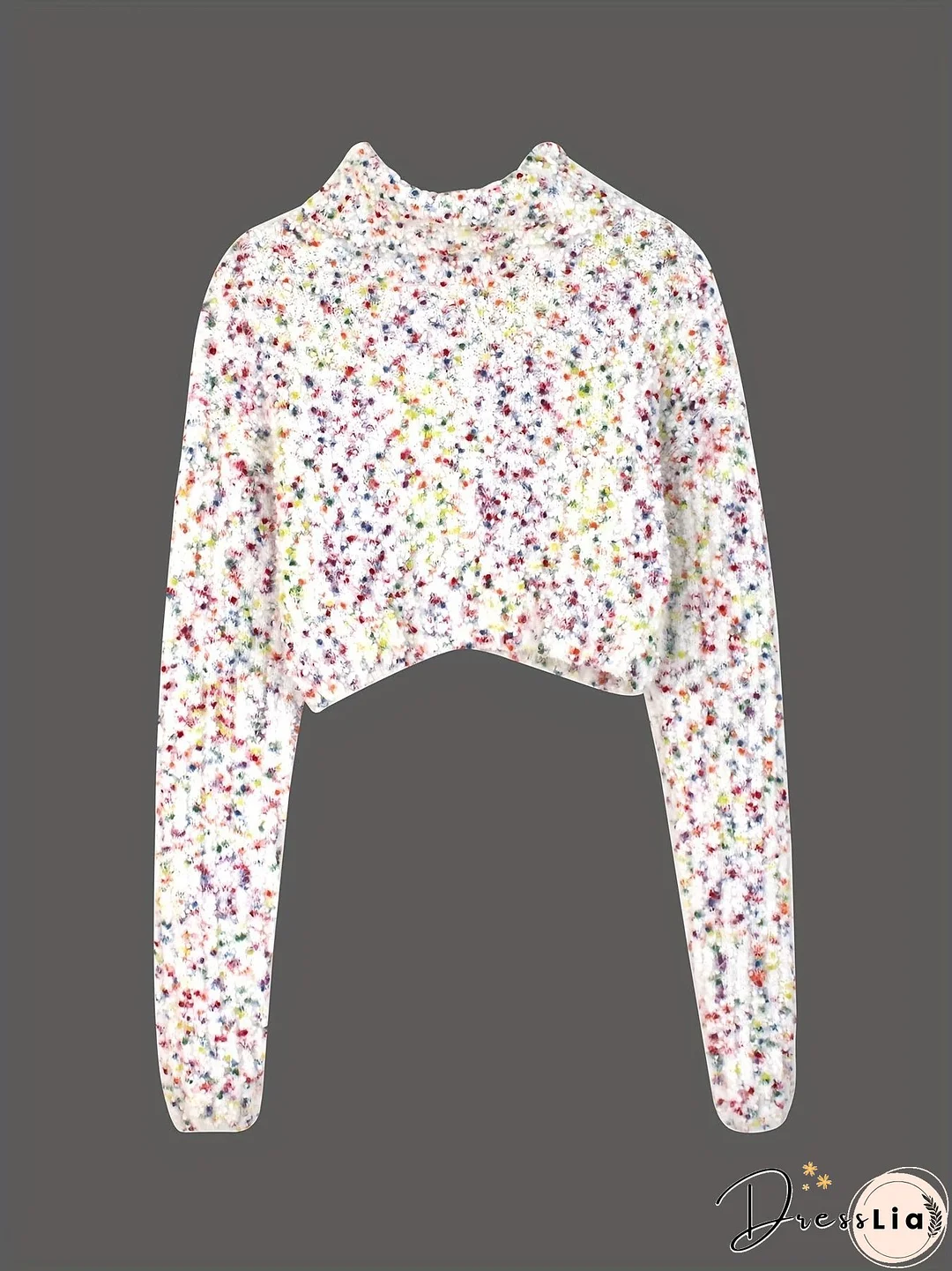 Colorful Dot Turtle Neck Pullover Sweater, Casual Long Sleeve Crop Sweater, Women's Clothing