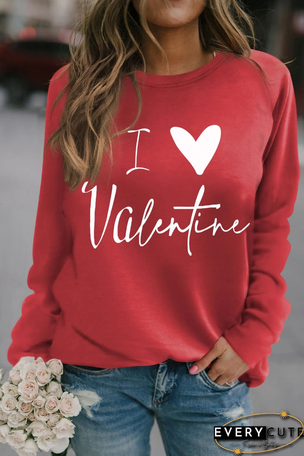 Red I Love Valentine Heart Flocking Pullover Sweatshirt