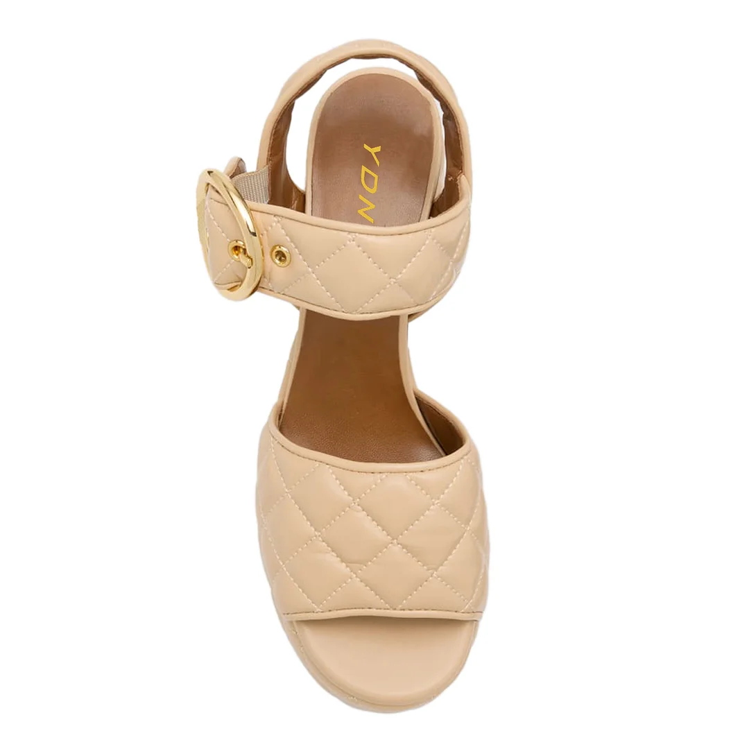 Beige Padded Vegan Leather Platform Strappy Sandals with Block Heel